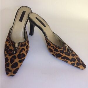 Unisa Leopard-Print Pointed Mule Heels with Metallic Accent
